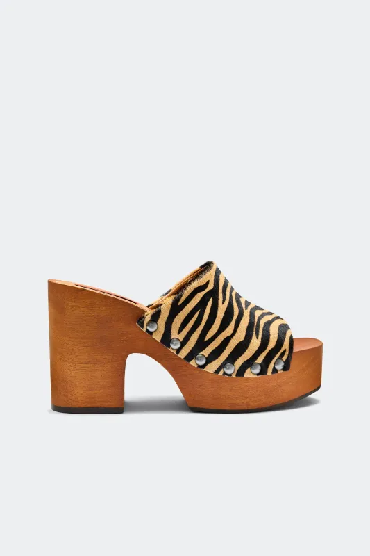Haircalf Sol Wood Sandal In Brown Zebra made by Simon Miller