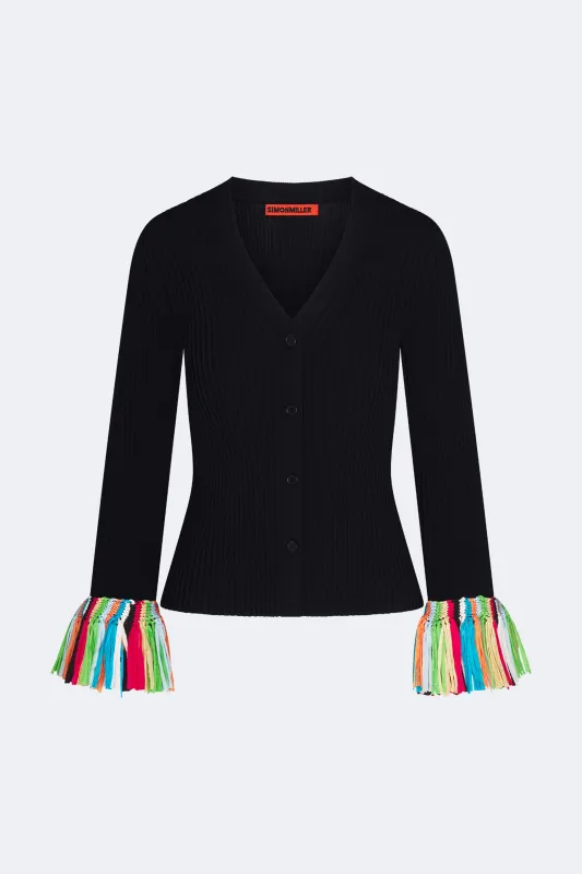 Cara Knit Fringe Cardigan In Black Multi made by Simon Miller
