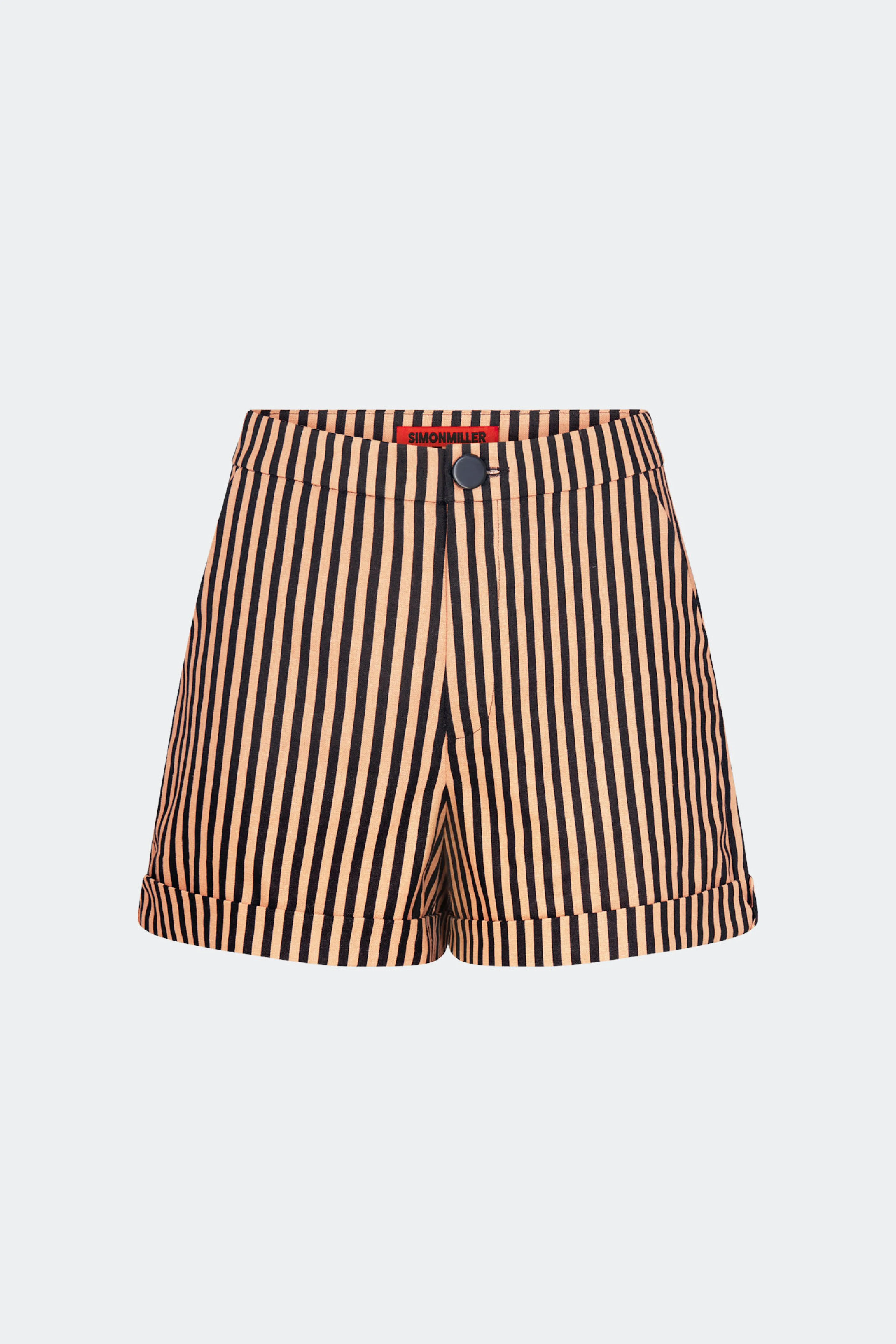 Como Linen Shorts In Black/Tan Stripe sold by Simon Miller