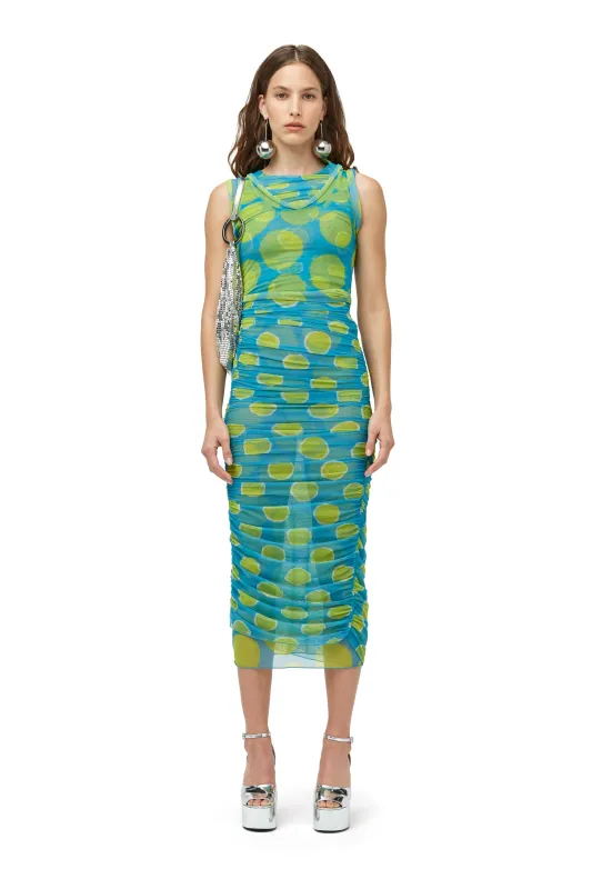 Mesh Cielo Dress In Suburban Blue Valley Green Dot Print made by Simon Miller