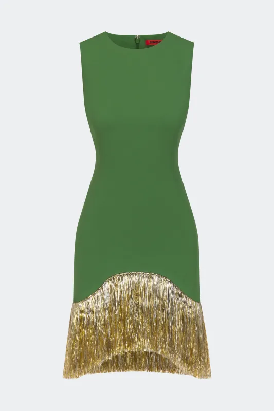Bowie Fringe Mini Dress In Spruce Green made by Simon Miller