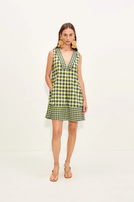 Mar Poplin Mini Dress In Peridot/Ebony Gingham made by Simon Miller