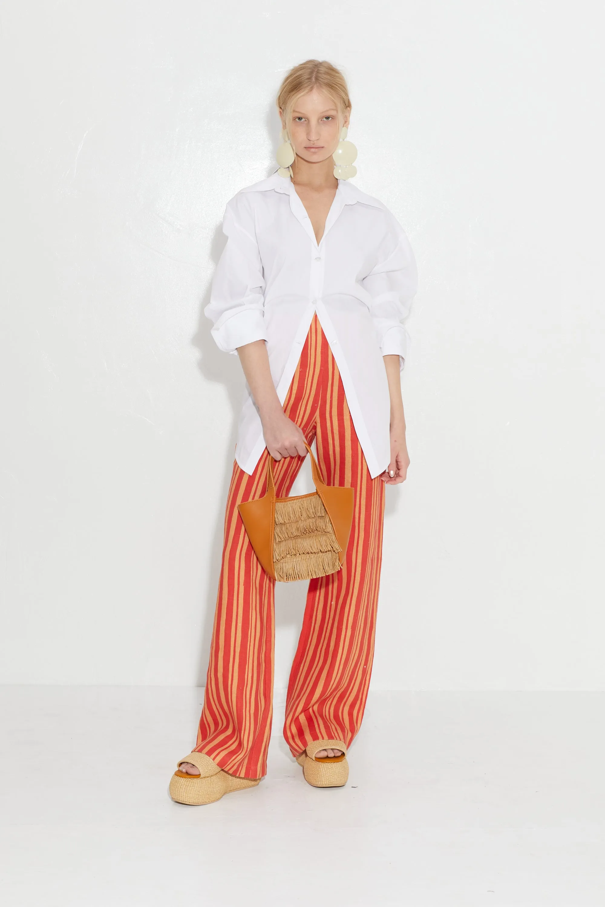 Pia Linen Pant in Retro Red Orange Stripe sold by Simon Miller