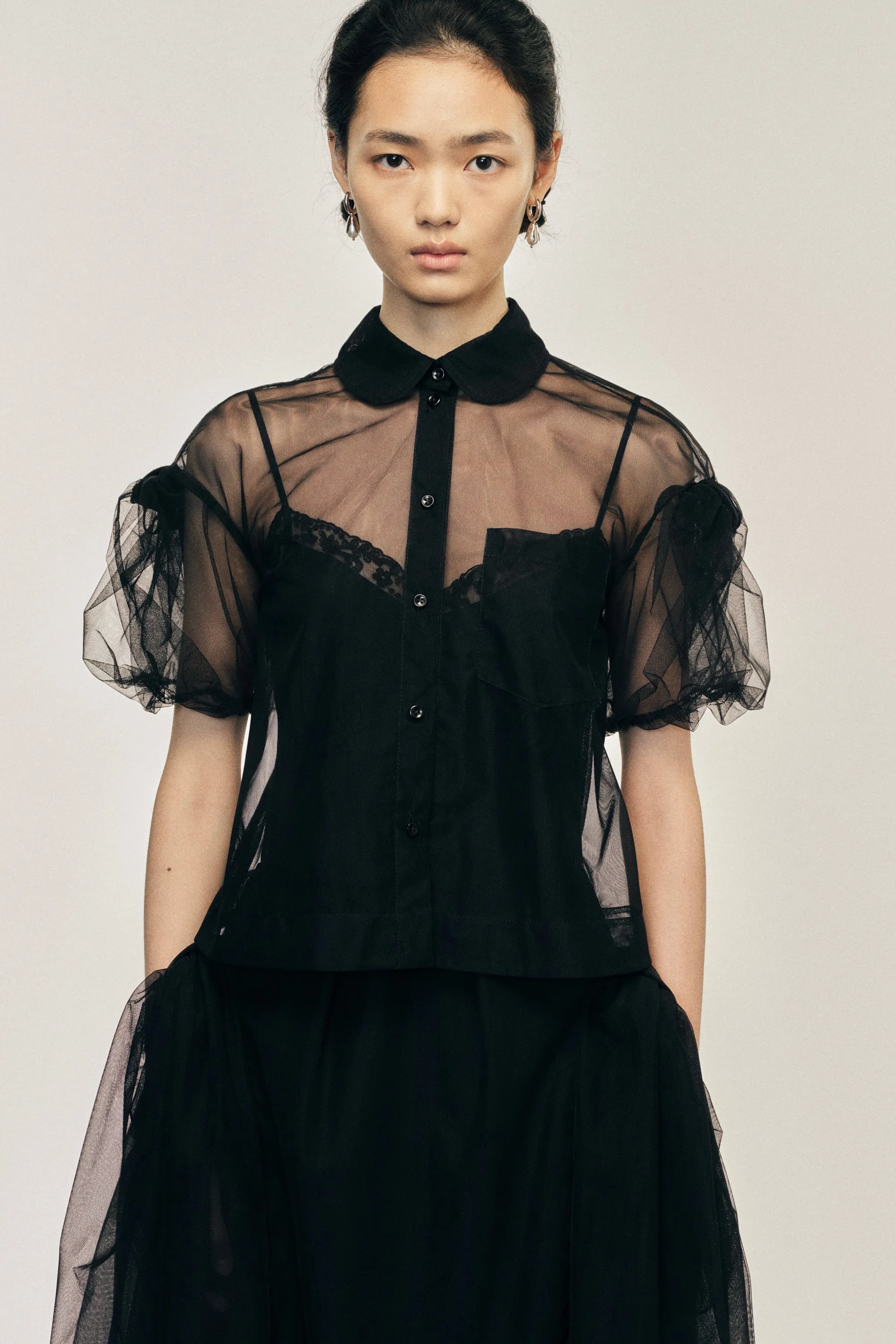 Sheer Cropped Bow Puff Sleeve Shirt sold by Simone Rocha