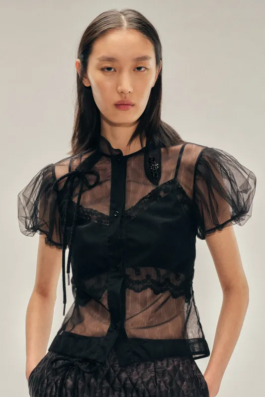Embellished Sheer Offset Fragment Collar Puff Sleeve Shirt made by Simone Rocha