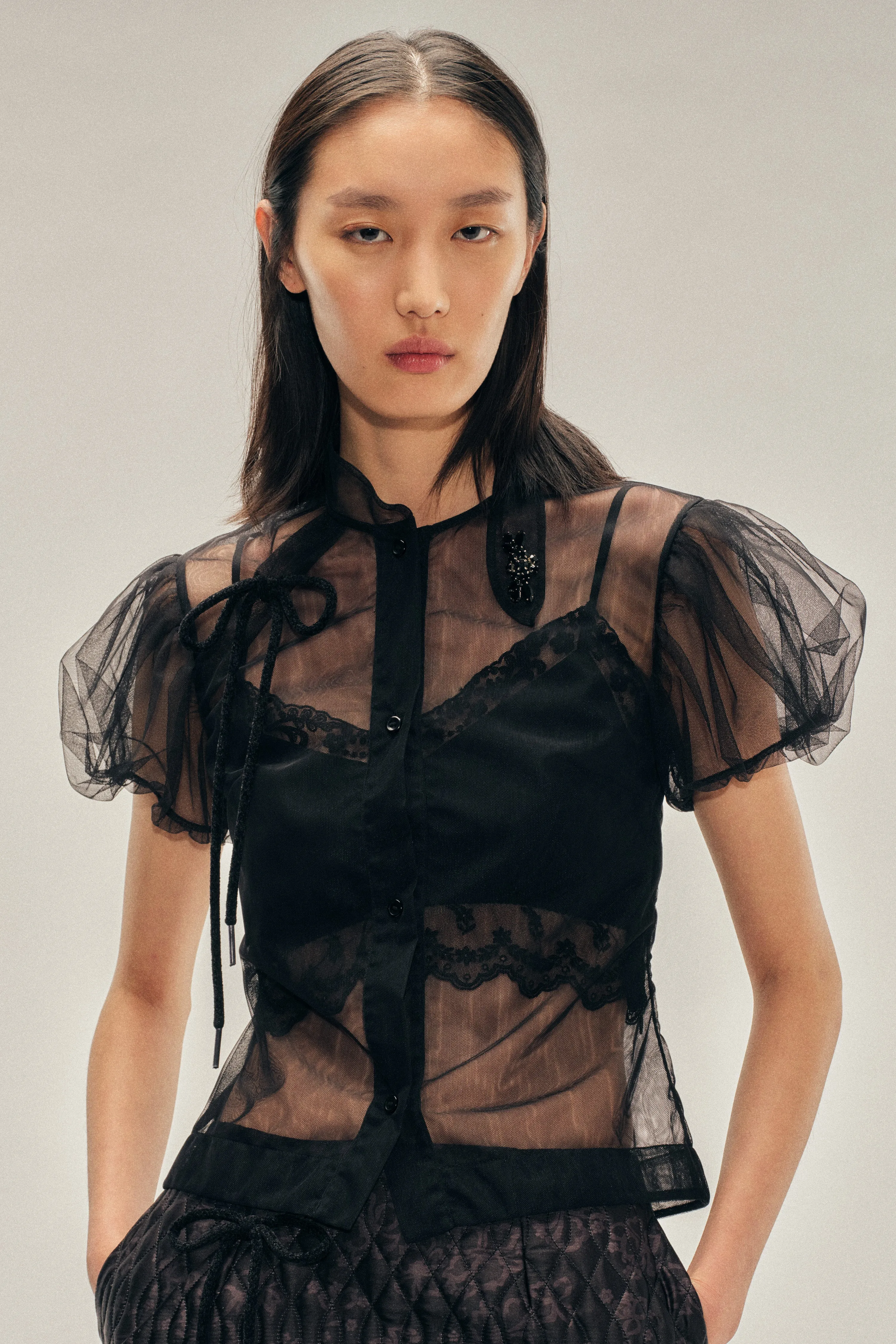 Embellished Sheer Offset Fragment Collar Puff Sleeve Shirt sold by Simone Rocha