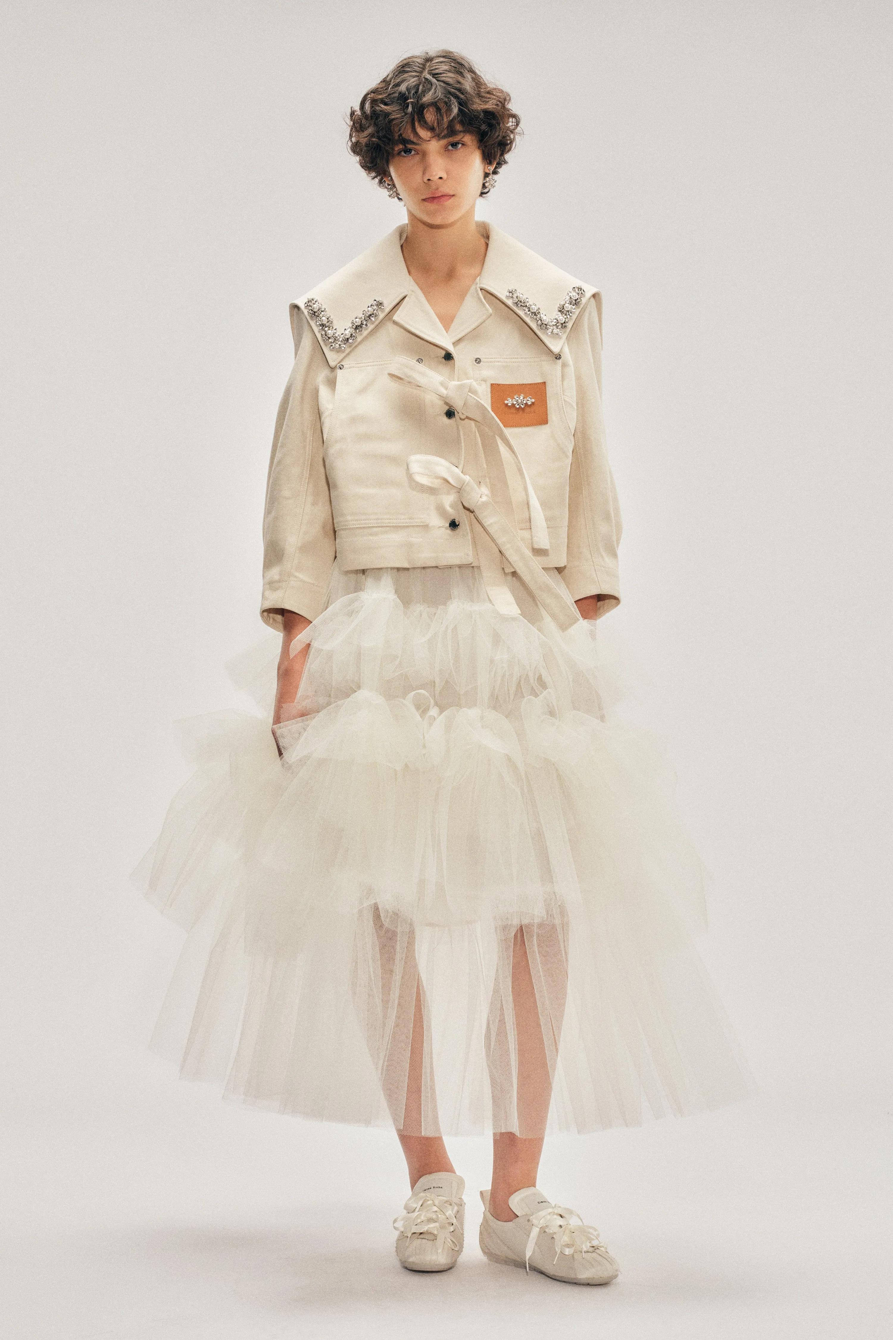 Embellished Cropped Sailor Collar Workwear Bow Jacket sold by Simone Rocha