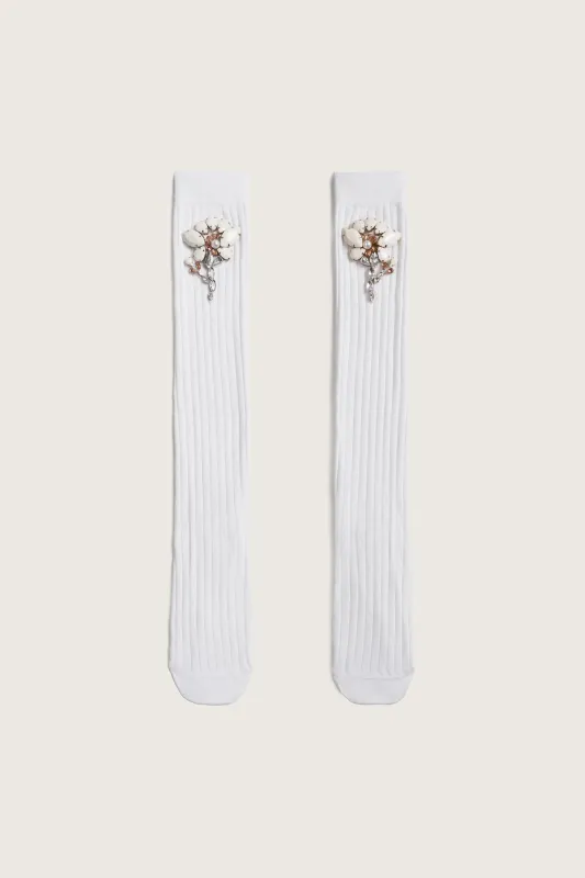 Poppy Crystal Flower Ribbed Knee Socks made by Simone Rocha
