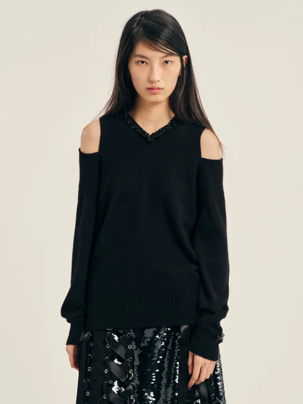 Embellished Relaxed Cashmere Slash V-Neck Jumper made by Simone Rocha