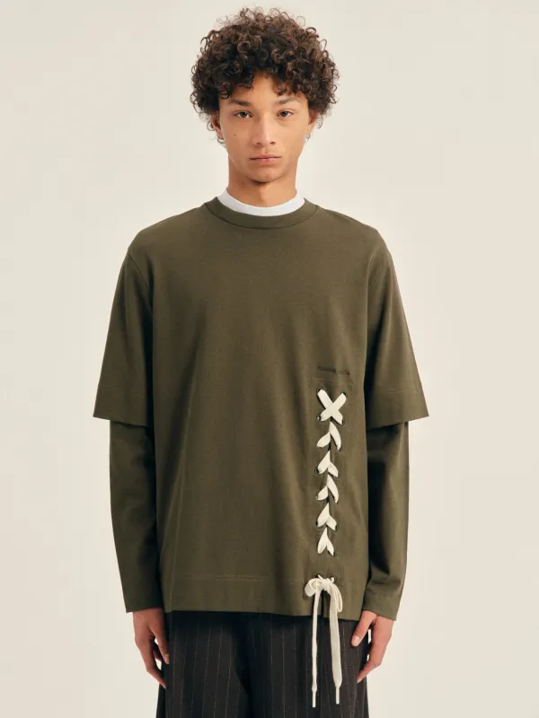 Lace Up Hem Layered Long Sleeve T-Shirt made by Simone Rocha