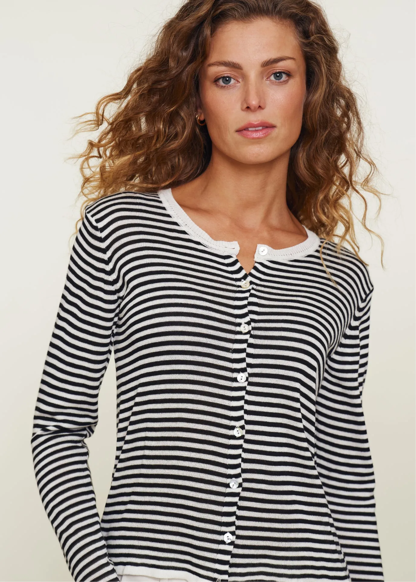 Carmera Cardigan Egret/ Black Stripe sold by Simple
