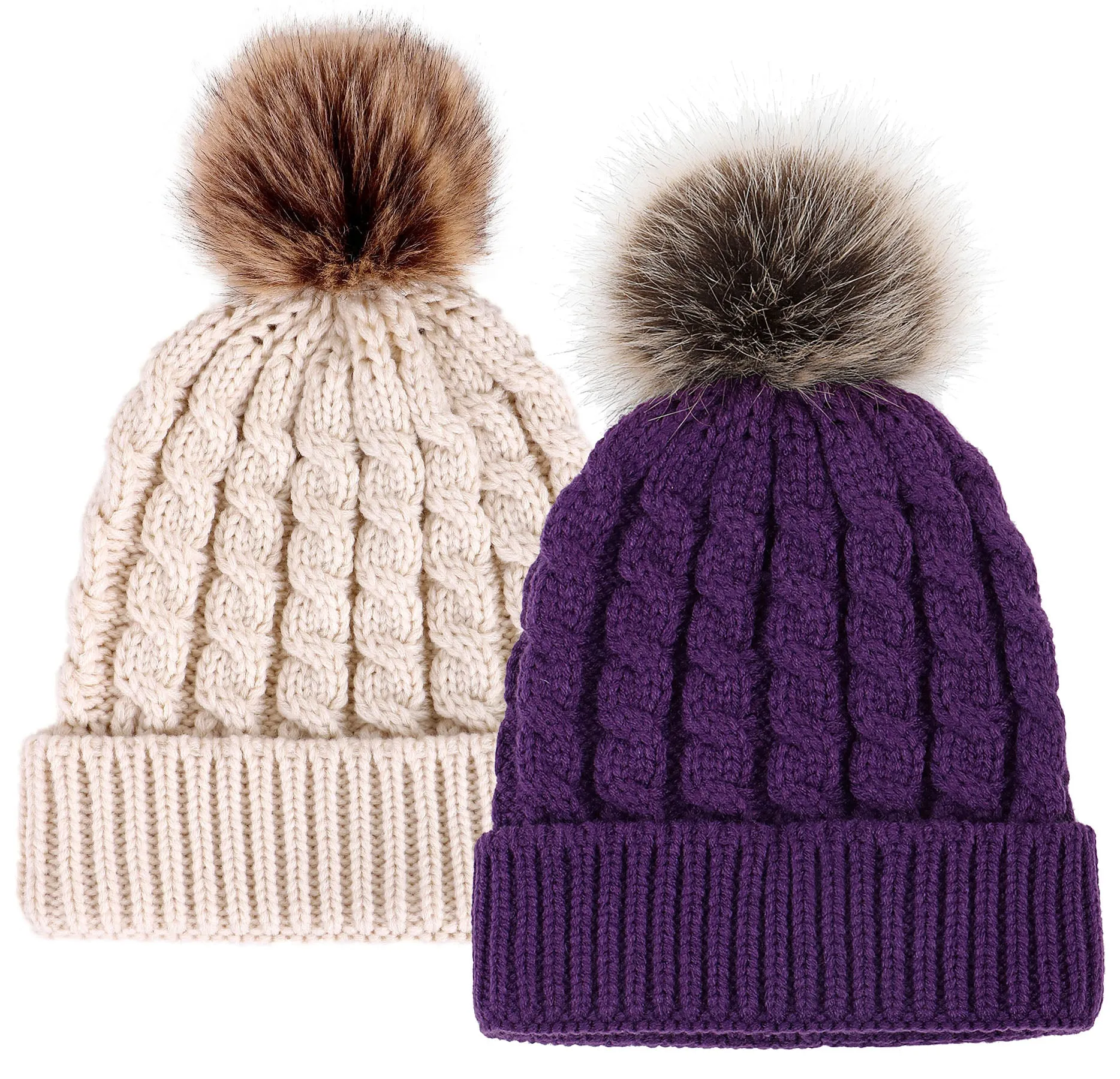 2 Pcs Womens Winter Knit Faux Fur Pompoms Beanie Hat sold by Simplicity product image thumbnail 4