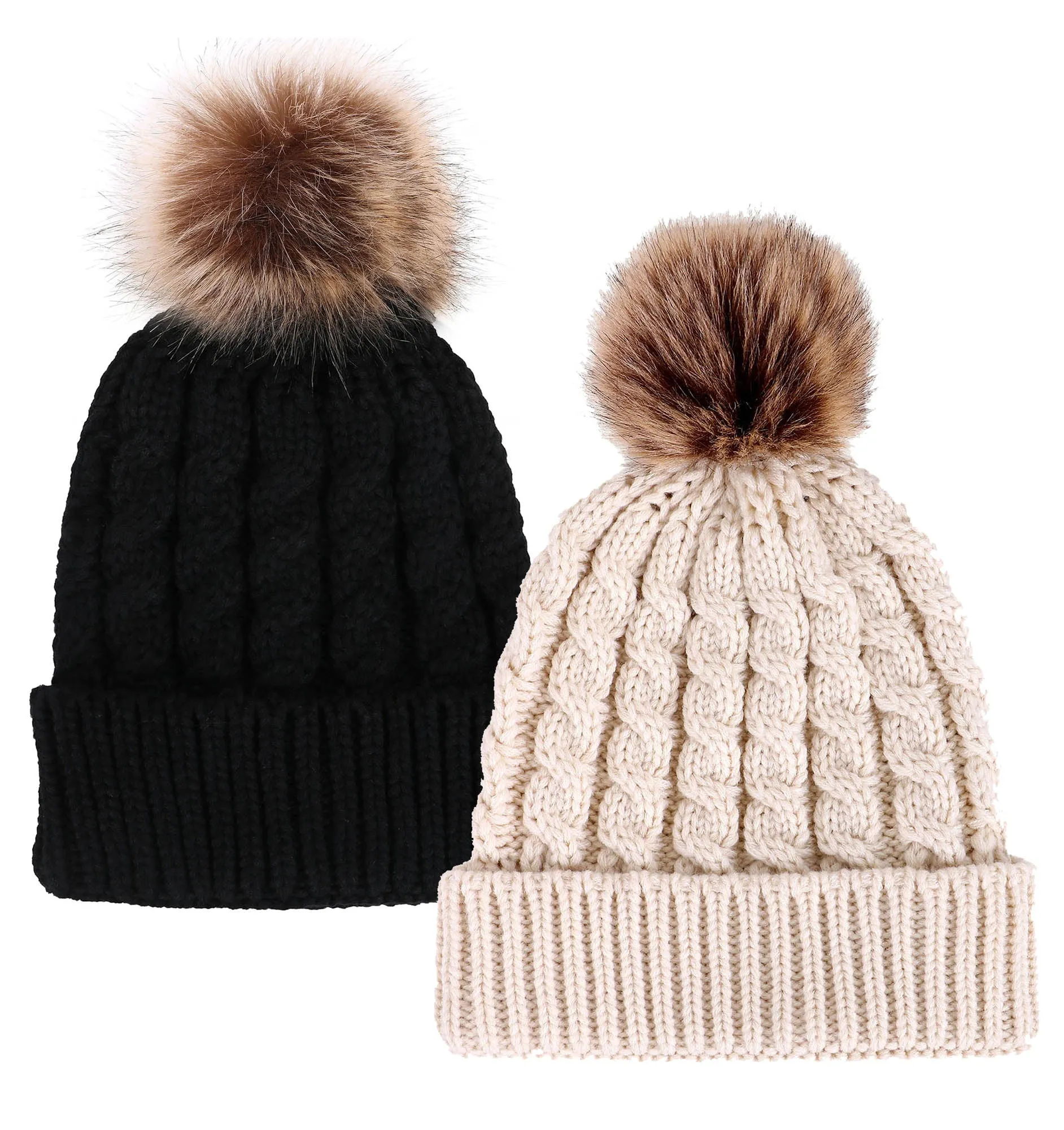 2 Pcs Womens Winter Knit Faux Fur Pompoms Beanie Hat sold by Simplicity product image thumbnail 2