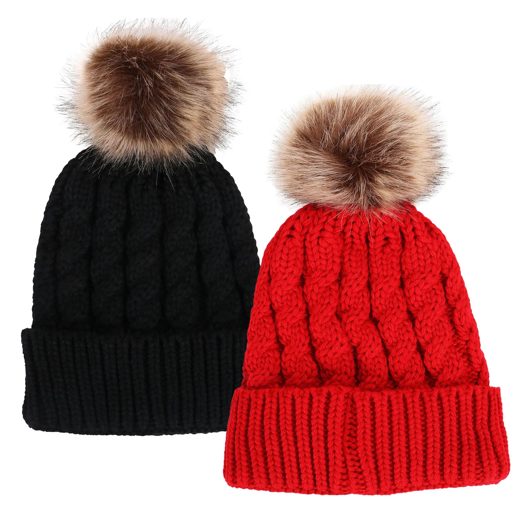 2 Pcs Womens Winter Knit Faux Fur Pompoms Beanie Hat sold by Simplicity product image thumbnail 3