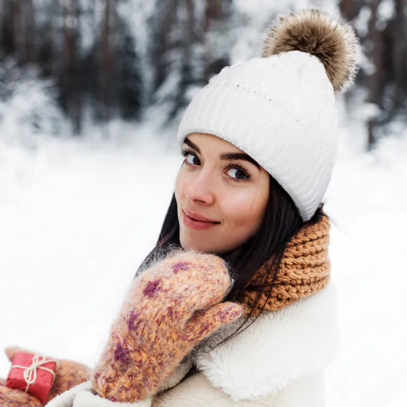 Womens Winter Hand Knit Faux Fur Pompoms Beanie Hat sold by Simplicity