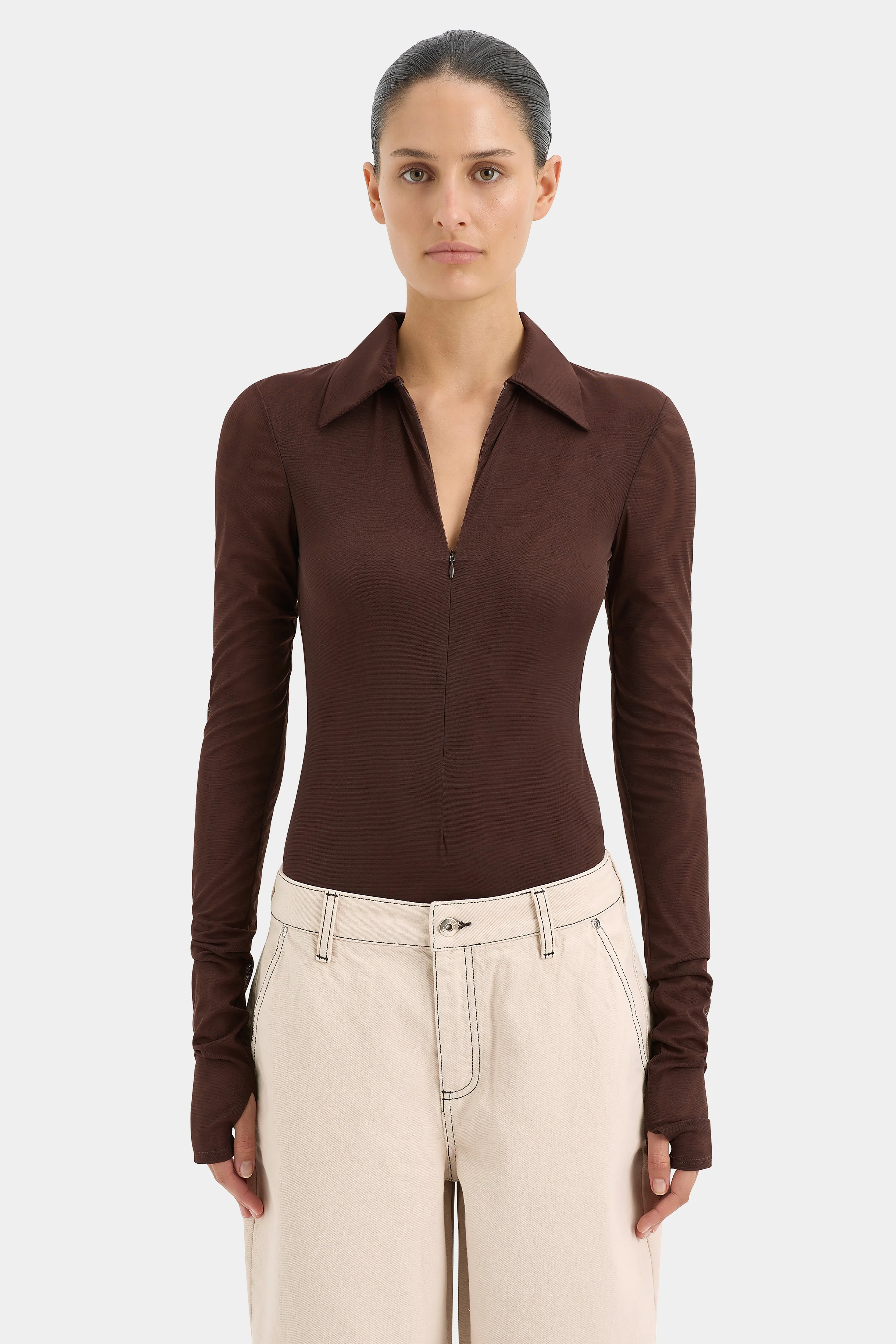 Jacques Mesh Zip Bodysuit sold by SIR the label