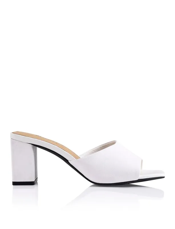 Teepee Block Heel Mules - White Leather sold by Siren Shoes