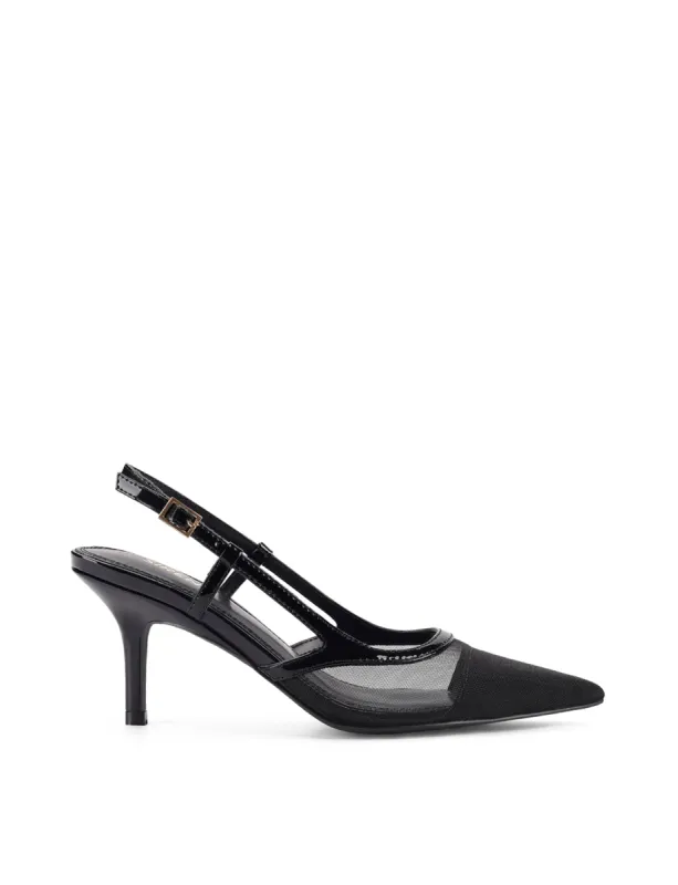 Sissy Point Toe Slingbacks - Black Patent Leather/Mesh sold by Siren Shoes