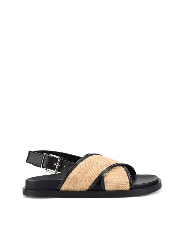 Laguna Footbed Sandals - Black Leather and Natural Raffia sold by Siren Shoes