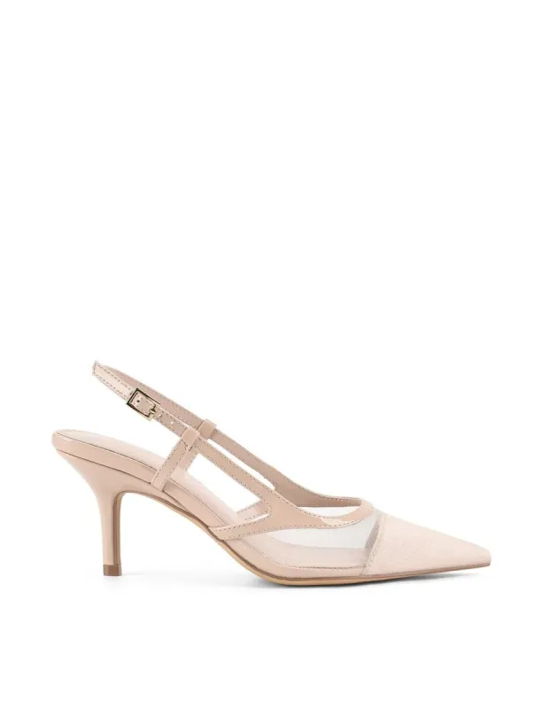 Sissy Point Toe Slingbacks - Nude Patent Leather/Mesh sold by Siren Shoes