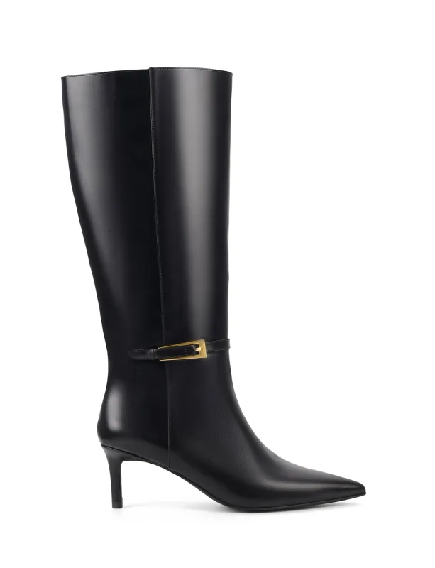 Drake Stiletto Long Boots - Black High Shine Leather sold by Siren Shoes