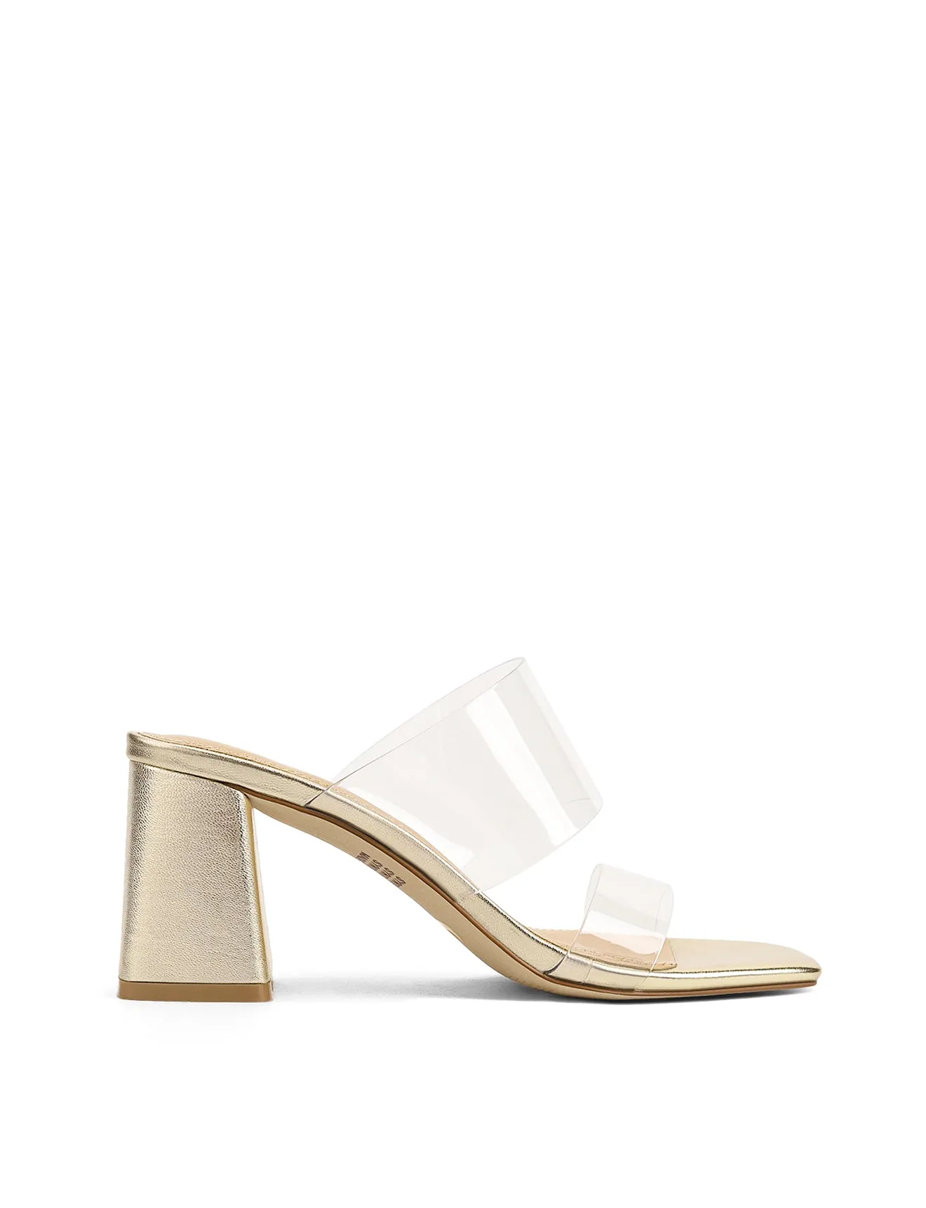 Strife Block Heel Mules - Gold Metallic Leather & Vinylite sold by Siren Shoes