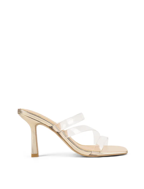 Spence Heeled Sandals - Gold Metallic Leather & Vinylite sold by Siren Shoes