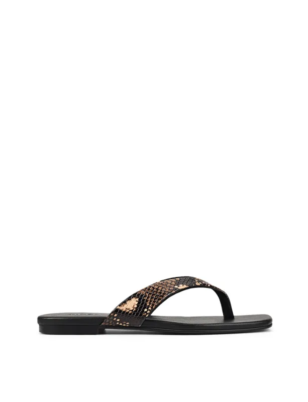 Evita Flat Thongs - Brown Snake Leather sold by Siren Shoes