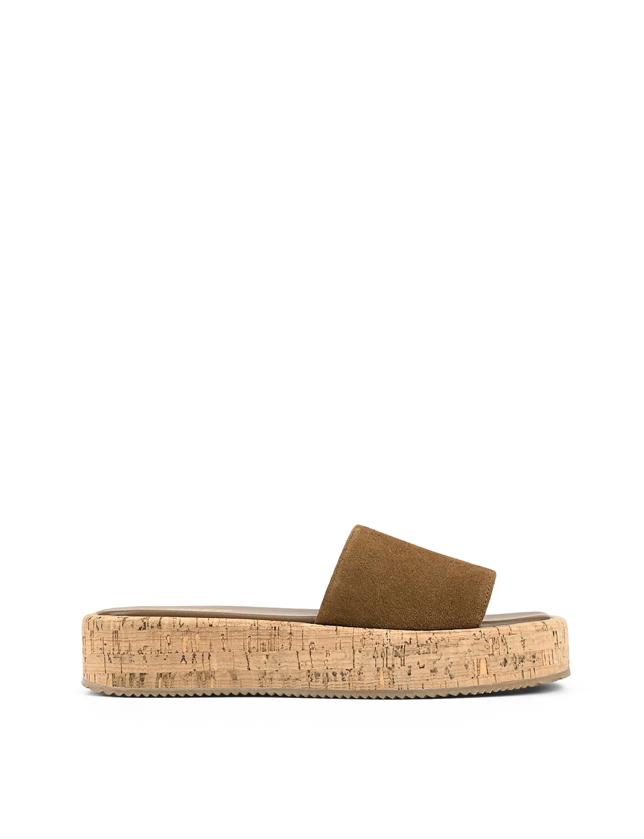 Detroit Flatform Slides - Tobacco Brown Suede & Cork sold by Siren Shoes