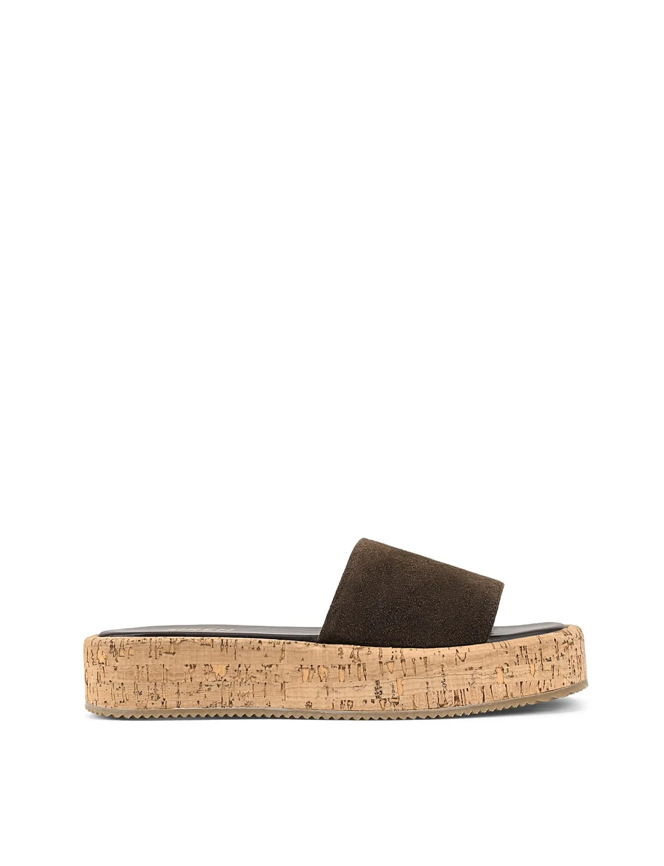 Detroit Flatform Slides - Chocolate Brown Suede & Cork sold by Siren Shoes