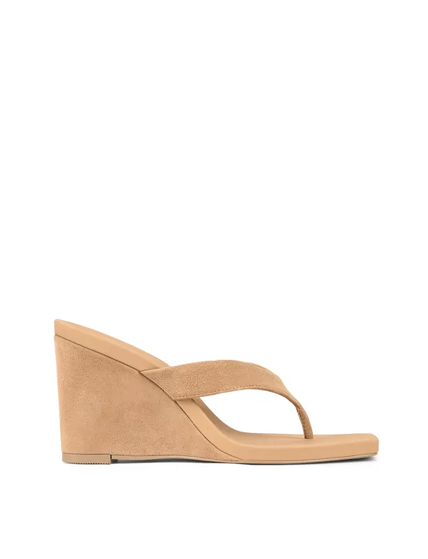 Melrose Thong Wedges - Camel Tan Suede sold by Siren Shoes