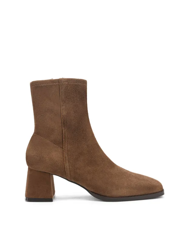 Noelle Block Heel Ankle Boots - Toffee Brown Stretch Suede made by Siren Shoes