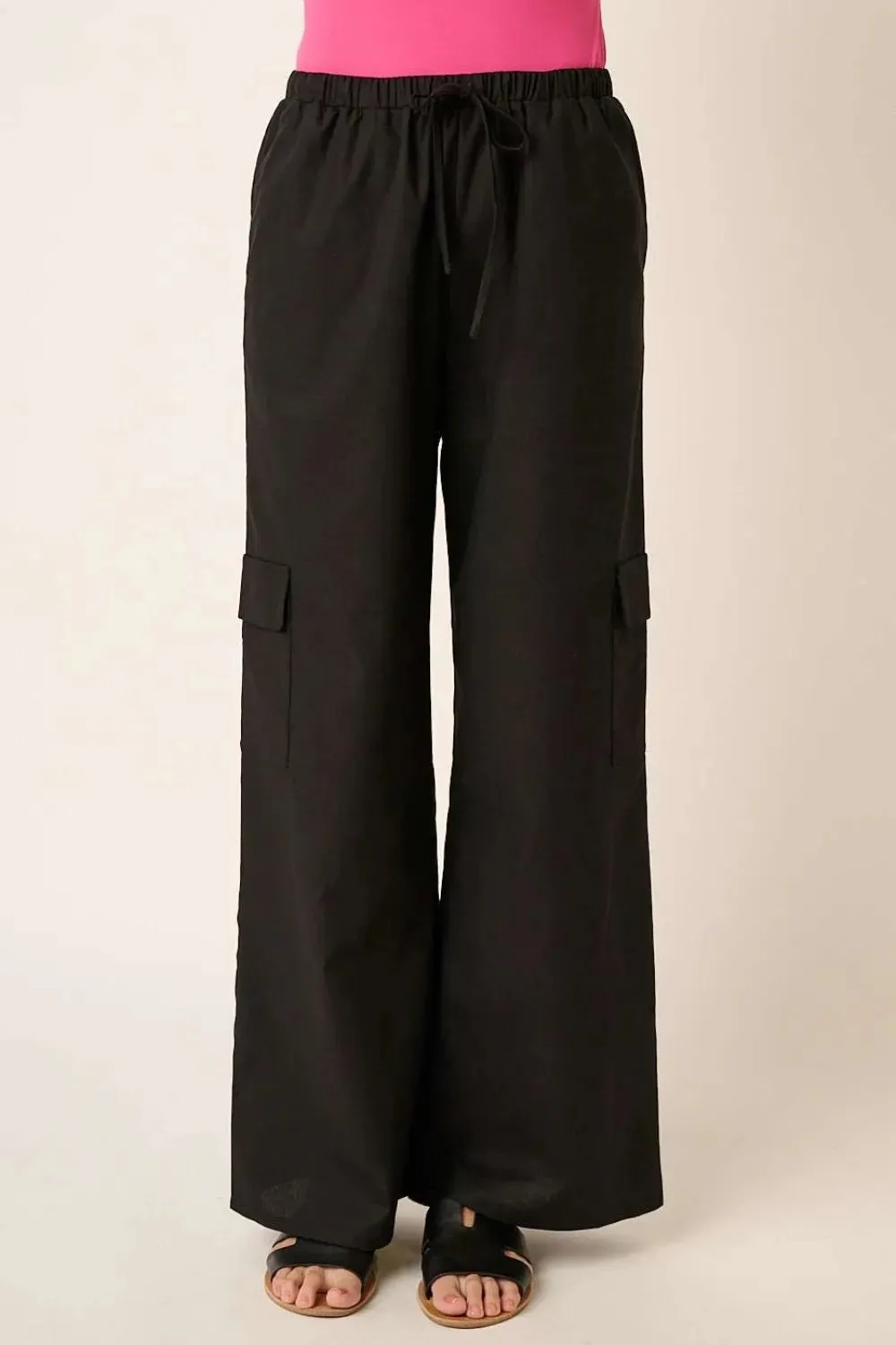 Linen Wide Leg Elastic Waist Cargo Pants sold by Skemo