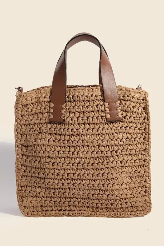 Fame Faux Leather Handle Straw Braided Handbag sold by Skemo