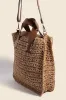 Fame Faux Leather Handle Straw Braided Handbag sold by Skemo