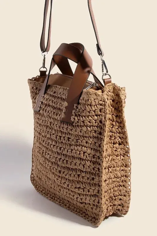 Fame Faux Leather Handle Straw Braided Handbag sold by Skemo product image thumbnail 2