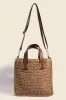 Fame Faux Leather Handle Straw Braided Handbag sold by Skemo