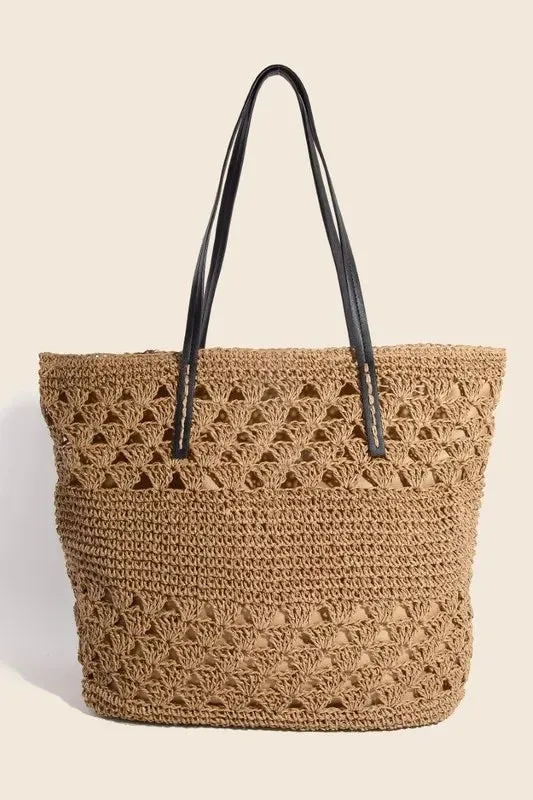 Faux Leather Handle Knitted Tote Bag sold by Skemo