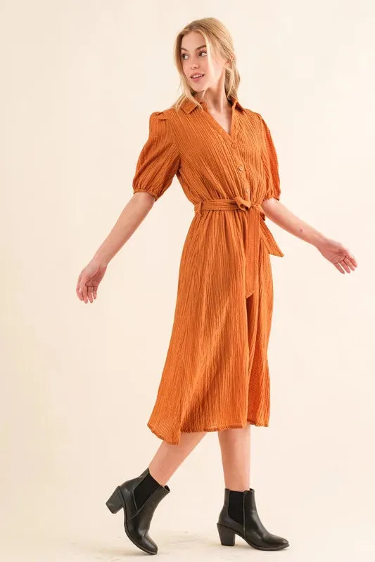 Waffle Textured Ribbon Waist Midi Dress sold by Skemo product image thumbnail 4