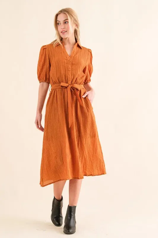 Waffle Textured Ribbon Waist Midi Dress sold by Skemo product image thumbnail 2