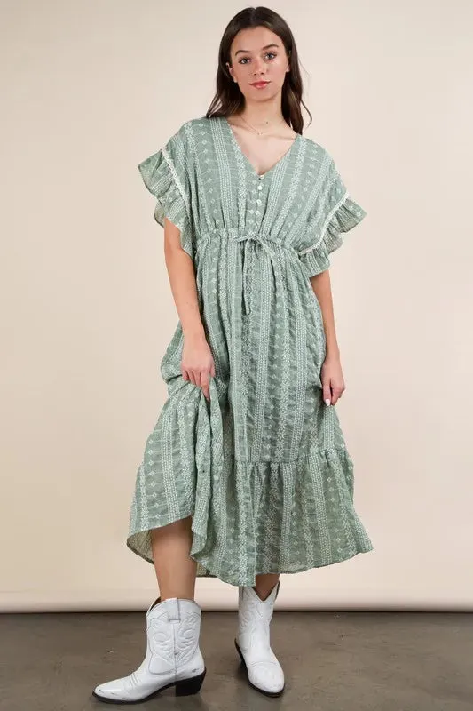 Sage Embroidered Boho Ruffled Midi Dress sold by Skemo
