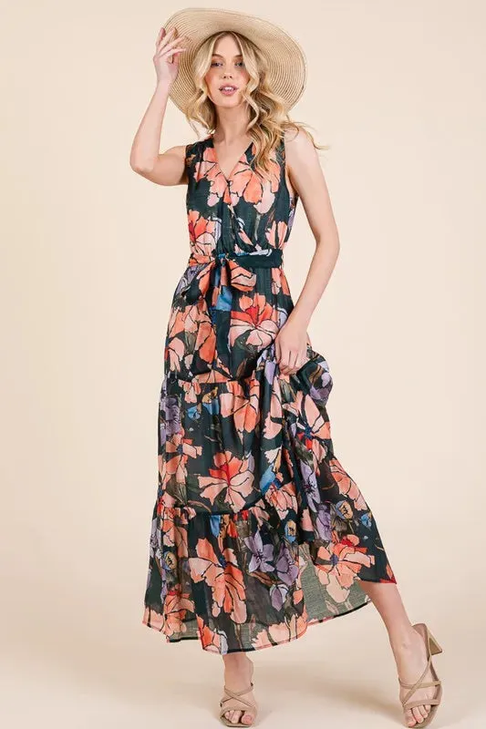 Floral Print Sleeveless Tie Waist Maxi Dress sold by Skemo