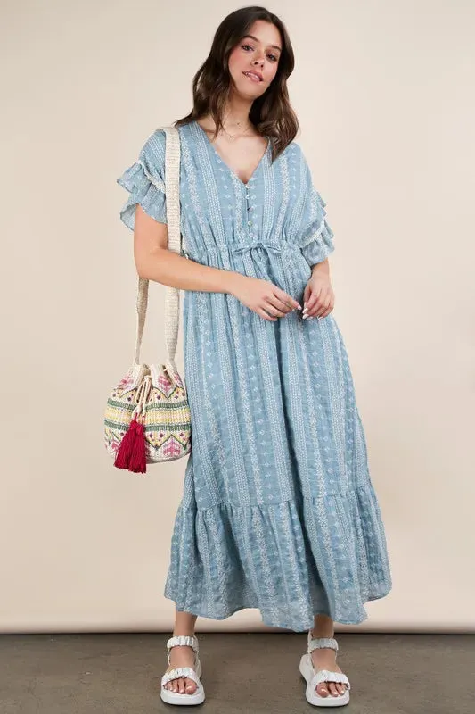 Blue Embroidered Boho Ruffled Midi Dress sold by Skemo product image thumbnail 4