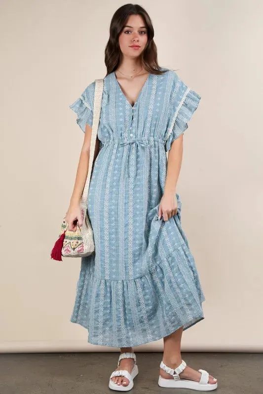 Blue Embroidered Boho Ruffled Midi Dress sold by Skemo