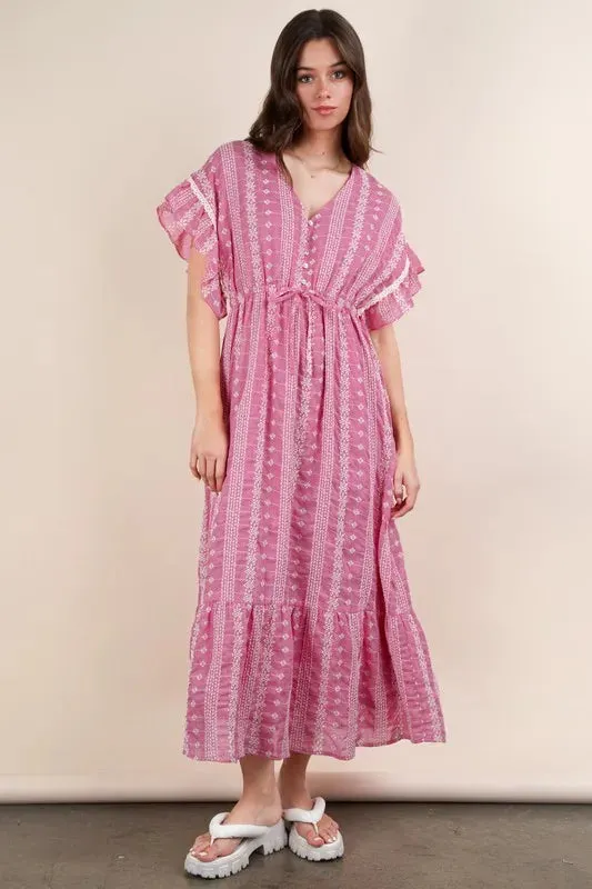 Fuchsia Embroidered Boho Ruffled Midi Dress sold by Skemo