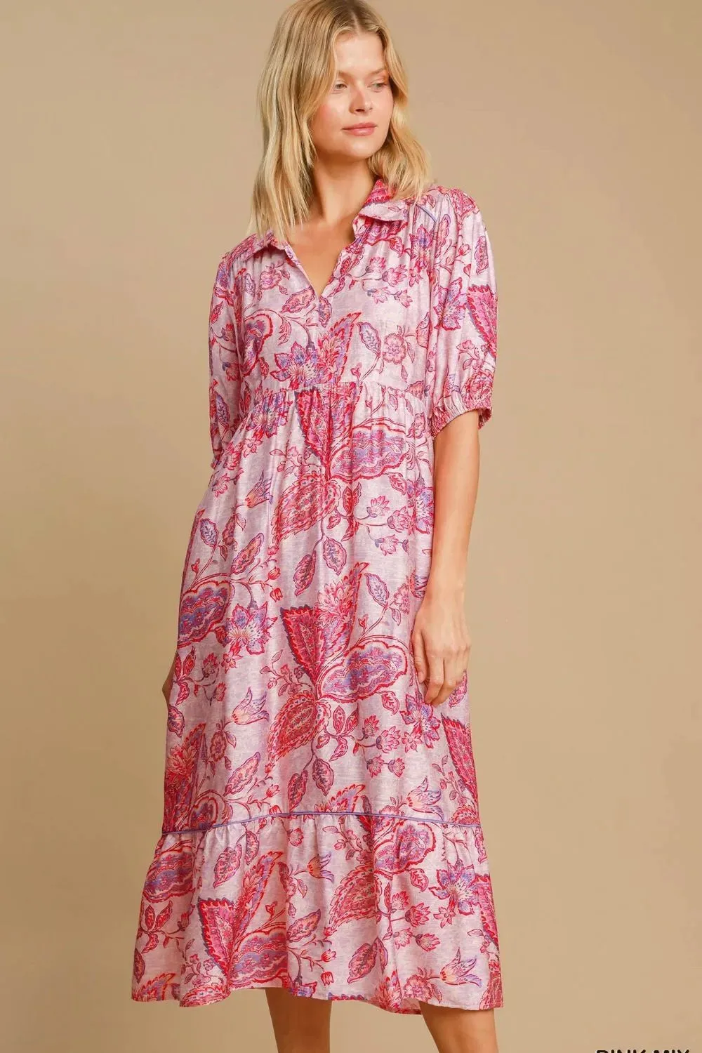 Umgee Full Size Ruffled Hem Floral Paisley Print Half Sleeve Midi Dress Plus Size sold by Skemo