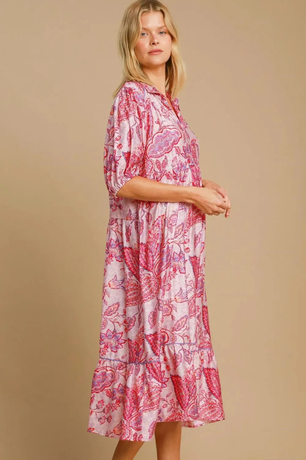 Umgee Full Size Ruffled Hem Floral Paisley Print Half Sleeve Midi Dress Plus Size sold by Skemo product image thumbnail 2