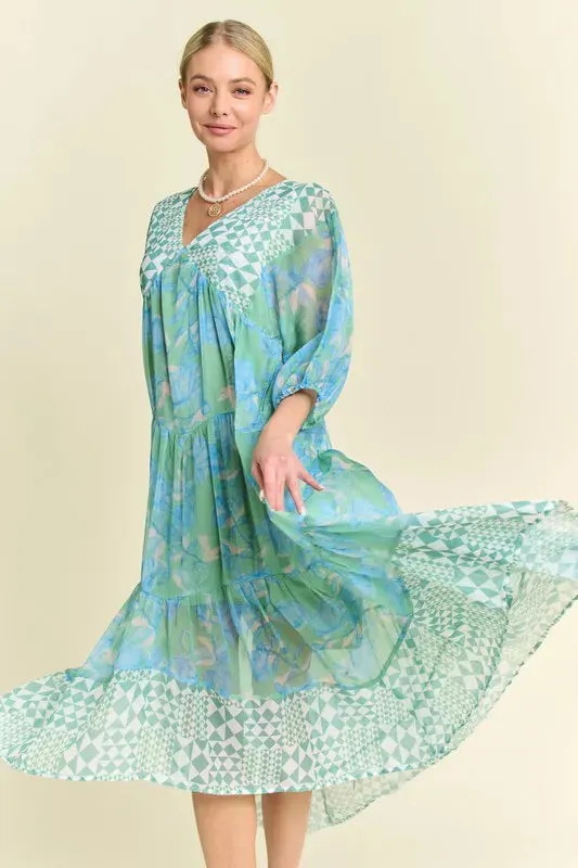 Geo and Floral Print Mixed Tiered Dress sold by Skemo product image thumbnail 2