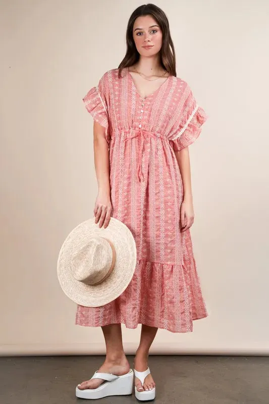 Embroidered Boho Ruffled Midi Dress sold by Skemo