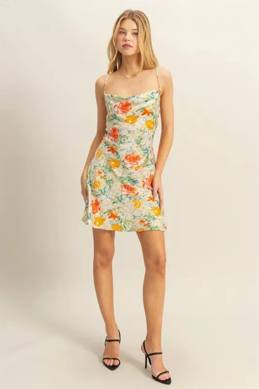 Floral Cowl Neck Flirty Satin Mini Dress sold by Skemo product image thumbnail 4